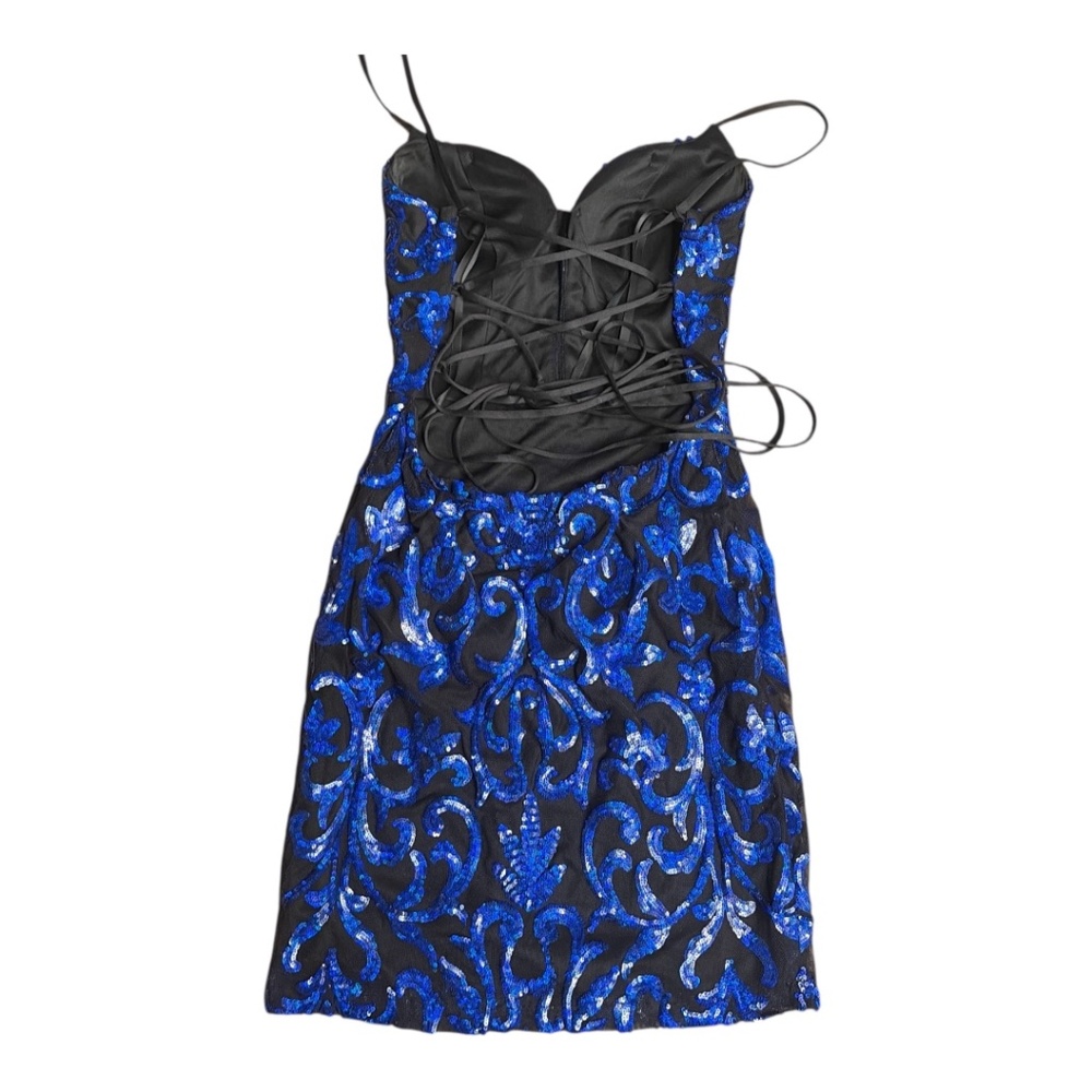 B Darlin Blue Black Sequin Scroll Dress Size 5/6 Sweetheart Mini - Picture 2 of 9